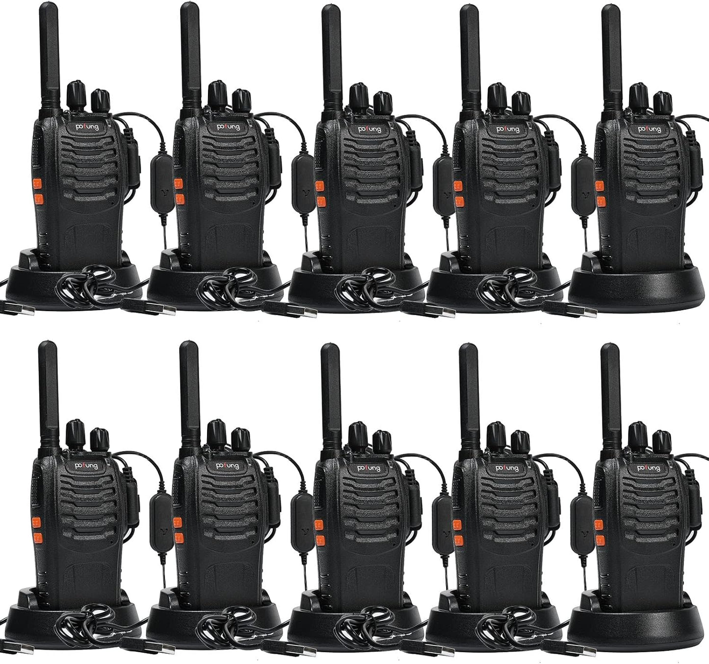 Walkie Talkie PMR446 Lizenzfreies Zwei-Wege-Funkgerät, Pofung PT88E 16 Kanäle Professionelle Wiederaufladbare Walkie Talkies Mit Großer Reichweite Mit Usb-Ladestation Und Hörmuscheln Schwarz 10 Stück